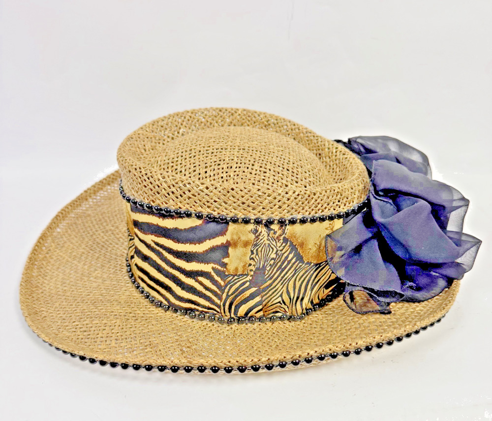 Vintage Farm Straw Fedora with Leopard Print Scarf Band Bead Trim